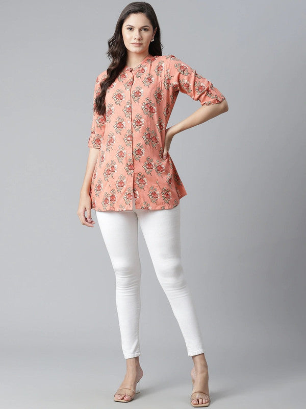 Peach & White Floral print Mandarin collar shirt style top!!