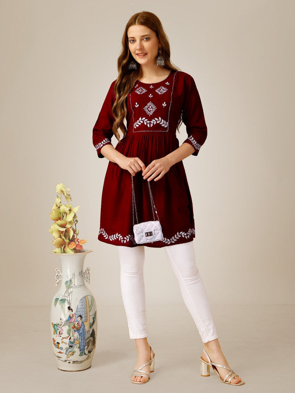 Marron Coloured Premium Rayon with Embroidery & Sequence Work Round Neck 3/4 Sleeves work Women Party/Daily wear Western Top!!