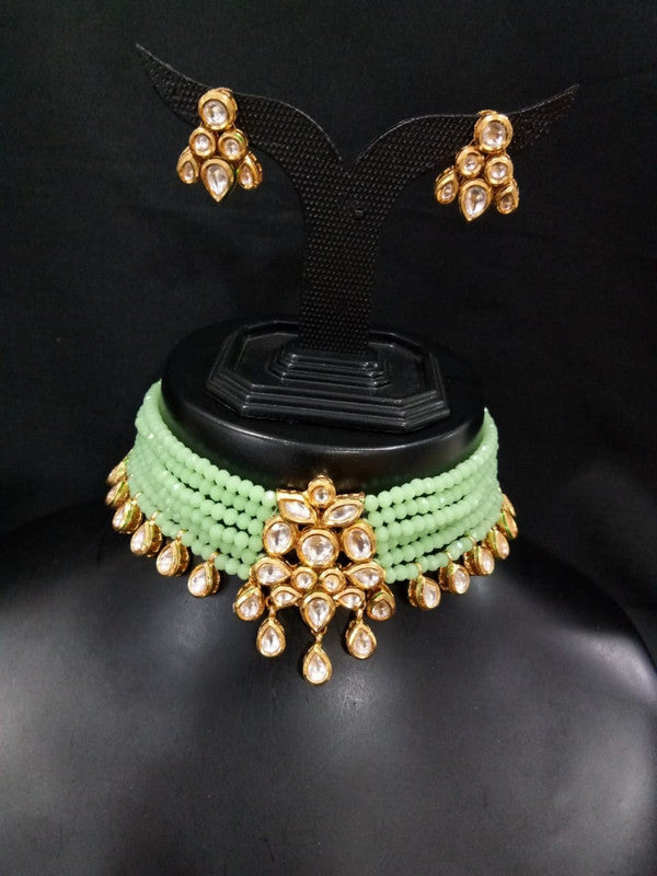 Pista Green & Gold Coloured Pure Brass Real Kundan Gold Plating Meenakari work Women Designer Choker Jewellery set with Earrings!!