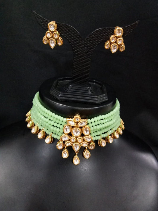 Pista Green & Gold Coloured Pure Brass Real Kundan Gold Plating Meenakari work Women Designer Choker Jewellery set with Earrings!!