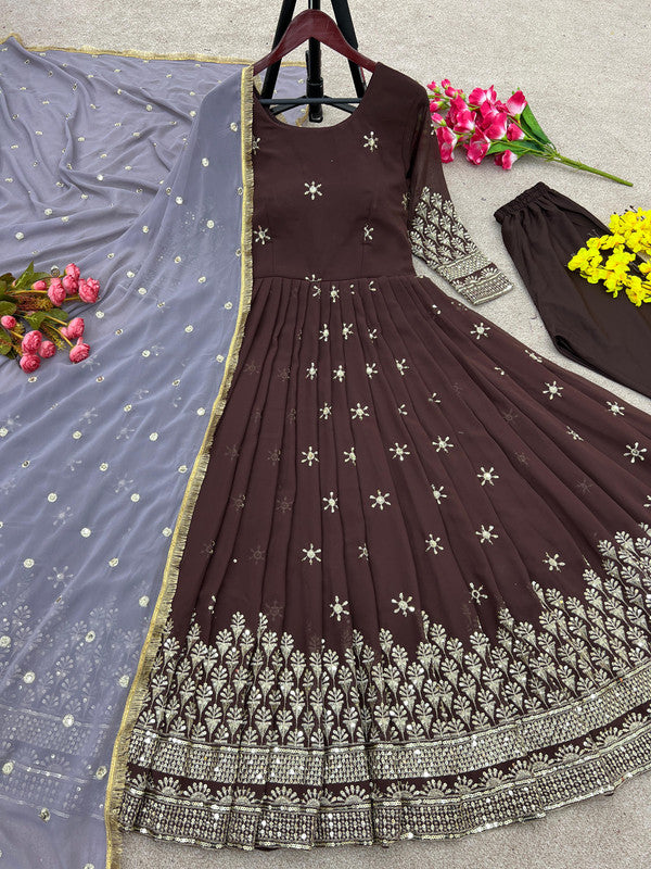 Dark Brown & Grey Coloured Faux Georgette with Heavy Embroidery Sequence Work Women Designer Party wear Gown Kurti with Pant & Dupatta!!