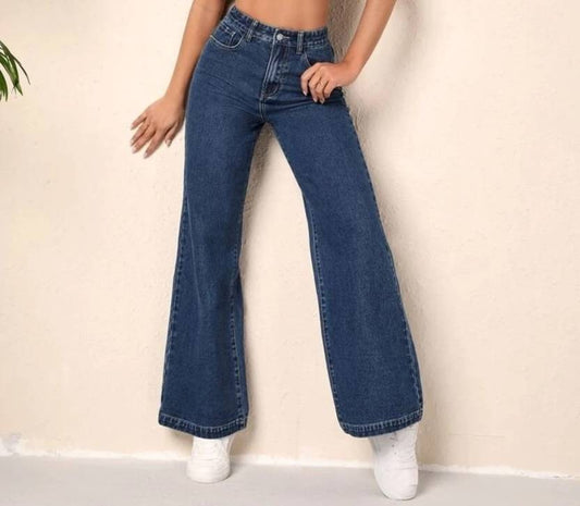 Dark Blue Coloured Premium Denim Lycra with Wide leg Full length Stretchable Women Casual/Party wear Regular Fit Jeans!!