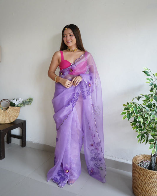 Purple & Multi Coloured Soft Organza with Digital Print & Hand work Women Designer Party wear Fancy Saree with Blouse!!