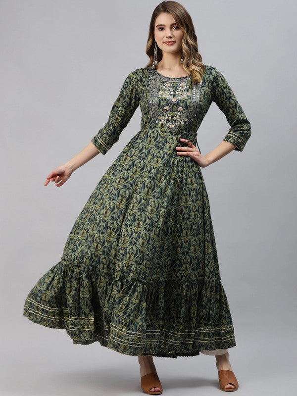 Green Coloured Ethnic Motifs Printed Gotta Patti Round neck 3/4 Sleeves Women Designer Party wear Pure Cotton Anarkali Kurti!!