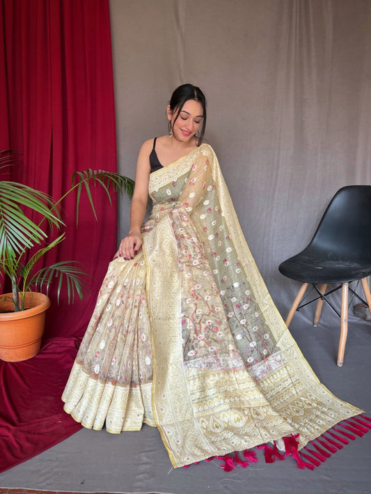 Yellow Coloured Pure Cotton Linen Saree with Orignal Chikankari Lucknowi work with rich Embrodieeded pallu  with Blouse!!