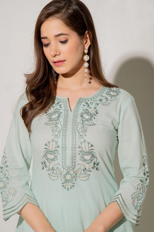 Full embroidered kurti with white pants-Roys3698