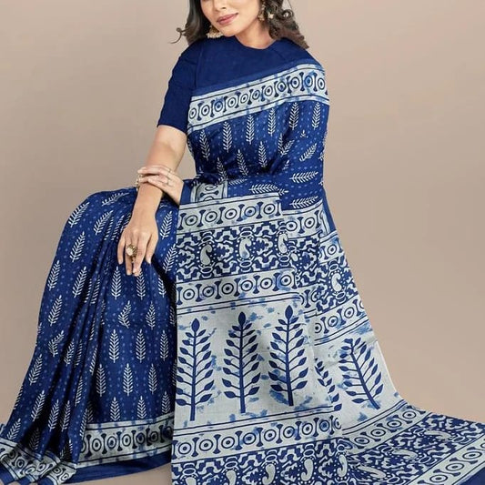 Blue & White Coloured Premium Mul Mul Cotton Beautiful Hand Block printed Women Daily/Party wear Saree with Blouse!!