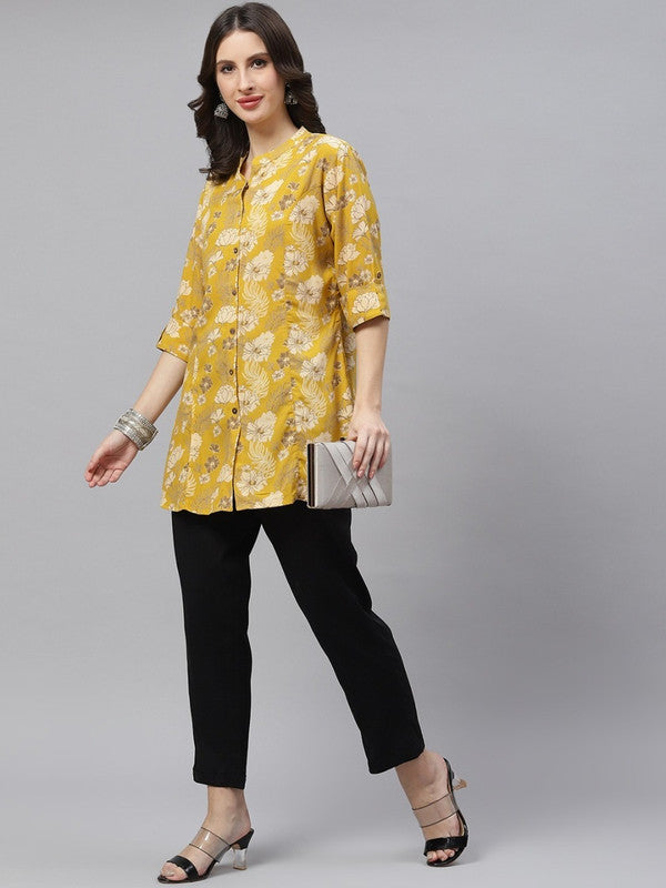 Mustard Yellow & Beige Floral print, Mandarin collar shirt style top!!