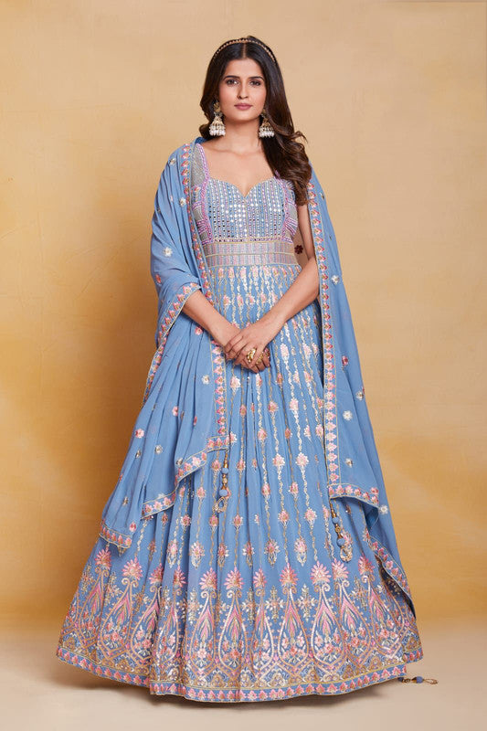 Sky Blue Coloured Georgette with Sequence Thread Mirror Work Woman Designer Party wear Lehenga Choli with Dupatta!!