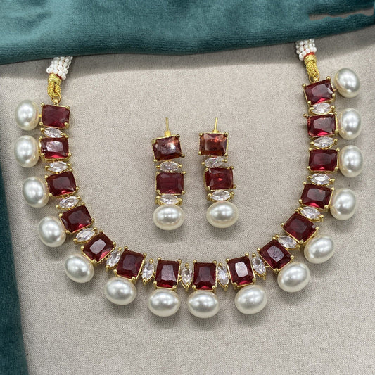 Maroon & White Coloured Pure Brass Real Kundan with Pearls Women Designer Choker set with earrings!!