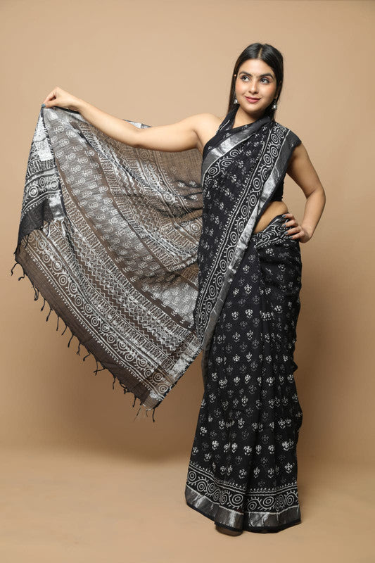 Black Coloured Linen Hand Block Print Saree with Linen Blouse!!