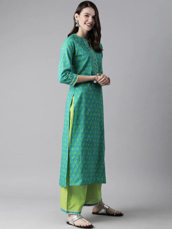 Blue & Green Coloured Pure Cotton with floral printed Women Designer Party wear Straight Line Kurti with palazzo pants & Dupatta!!