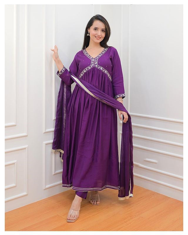 Purple Coloured Premium Rayon with Embroidery & Lace Work Women Designer Party wear Alia Cut Kurti with Pant & Dupatta!!