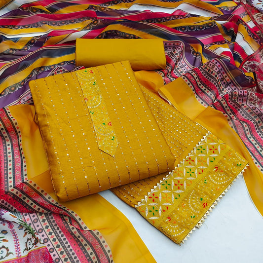Yellow PC Cotton Sequence Work Designer Dress Material & Digital Print Dupatta Suit for women!!