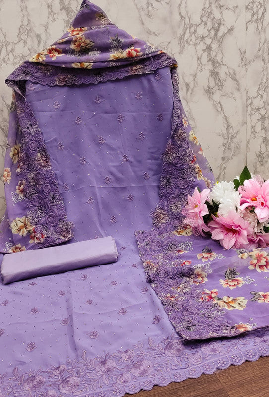 Purple Coloured Faux Georgette Embroidery & Swarovski Diamond work Dress Material!!