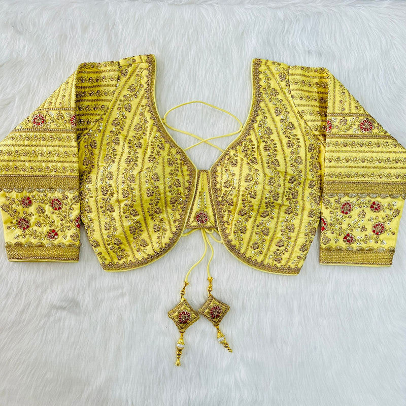 Lemon Coloured Heavy Milan Silk Long Sleeves Heavy Embroidery Bridal Work Woman Ready made Designer Blouse!!