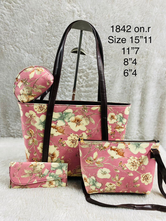 Pink & Multi Coloured Pure Cotton Printed Women Hand Bang- 4 PCS Combo( Tote Bag, Sling Bag, Envelop Purse & Key Pouch)!!