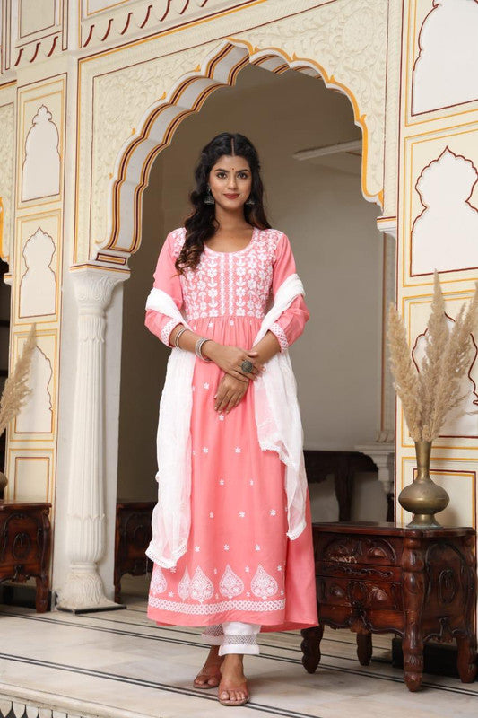 Peach Rayon Chickankari Anarkali Kurti with Bottom & Dupatta!!