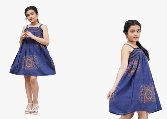 Dark Blue Coloured Designer Printed Polireyon Girls Western Frock!!