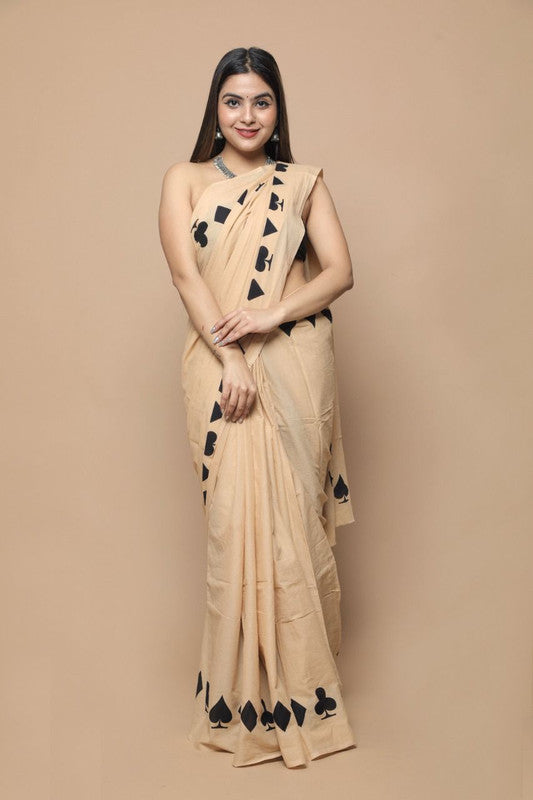 Beige & Black Coloured Exclusive Hand Printed Mul Cotton Saree with Blouse!!