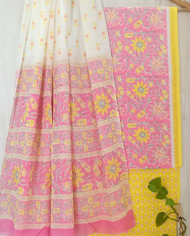 Pink & Yellow Coloured Unstitched Pure Cotton Hand Block Printed Women Party/Daily wear Dress Material Suit- Top with Bottom & Cotton Dupatta!!