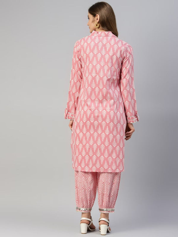 Pink Coloured Ethnic Motifs Printed Shirt collar long Sleeves Straight shape Women Designer Party wear Pure Cotton Kurti with Harem Pant!!