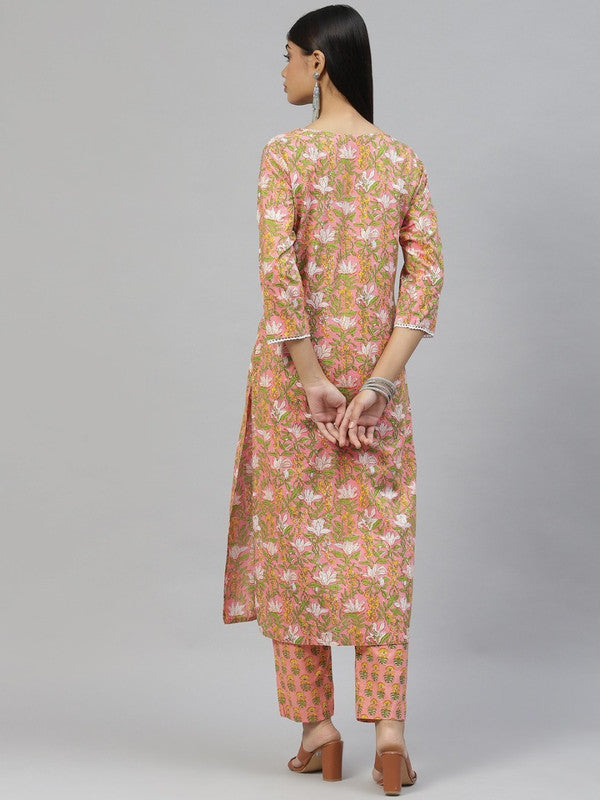 Peach-coloured Floral printed Kurta with Trousers!!