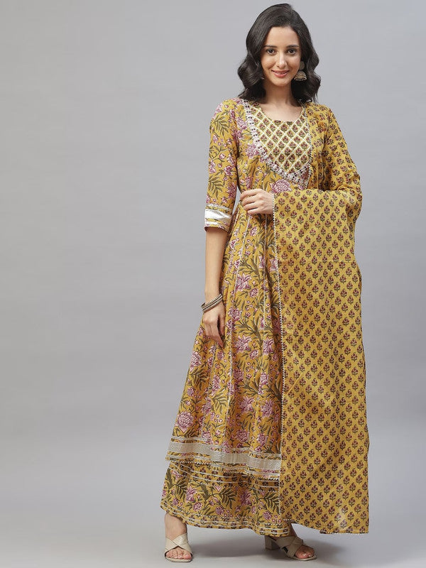 Mustard Yellow Coloured Pure Cotton Floral Printed Gotta Patti Work Women Designer Party wear Anarkali Kurta with Pallazo & Dupatta!!