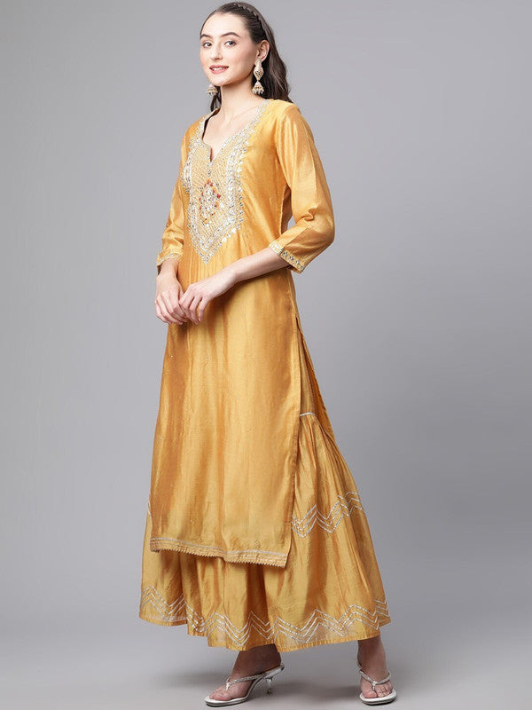 Yellow Coloured Chanderi silk Straight Shape Women Yoke Designer Party/Daily wear Kurti with Sharara & Dupatta!!