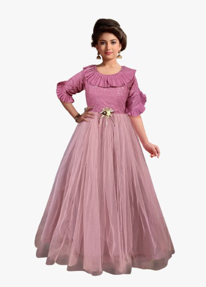 Pink Coloured Rayon & Soft net Sequence & Thread work full flair Gown for Girls!!