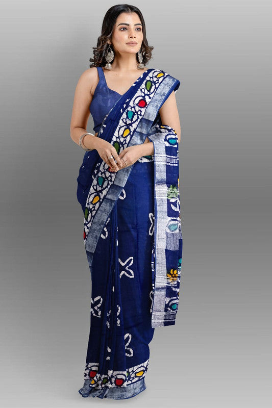 Blue & Multi Coloured Linen Cotton Beautiful Hand Block printed Women Daily/Party wear Saree with Blouse!!