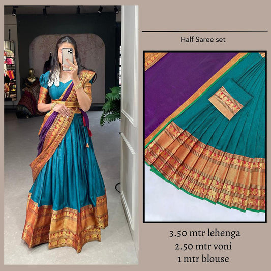 Rama Blue & Multi Coloured Premium Cotton Silk with Zari Weaving Work Woman Designer Party wear Half Saree Set!!