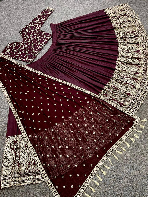 Wine Coloured Heavy Parampara Silk  With Heavy Embroidery Work Designer Wedding Lehenga Choli with Dupatta!!