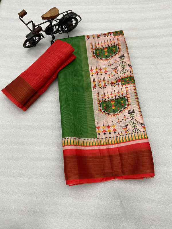 Green & Multi Coloured Tussar Cotton with Digital Print with weaving Chit (lining) Pallu Women Designer Party /Daily wear Saree with Blouse!!