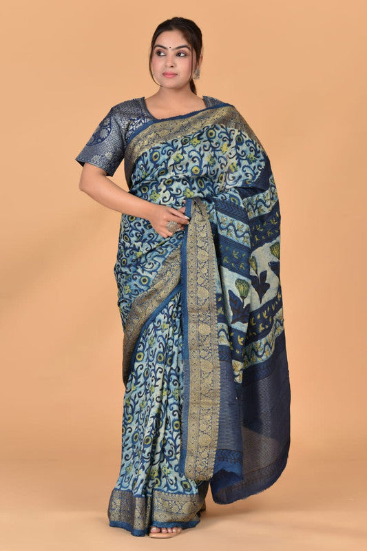 Blue & Multi Coloured Azarakh Hand Block Printed Silk border Women Designer Party wear Cotton Silk Saree with Zari Blouse!!