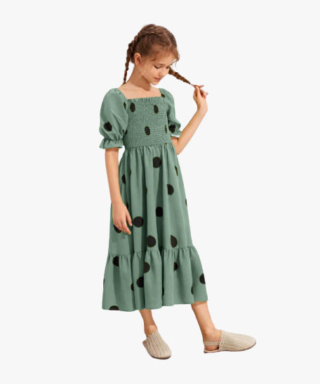 Green Girls Elastic fyuzing Rayon Cotton Embroidery work Western frock!!