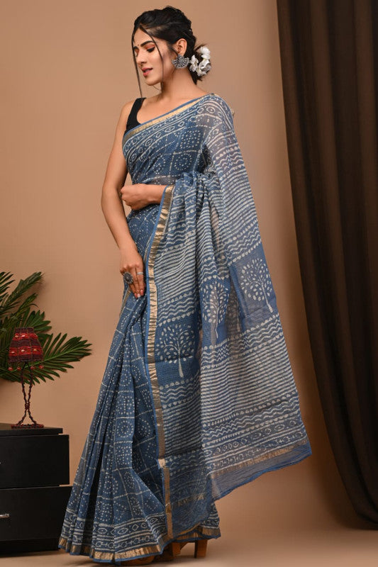 Blue & Multi Coloured Kota Doriya Cotton Beautiful Hand Block printed Women Daily/Party wear Saree with Blouse!!