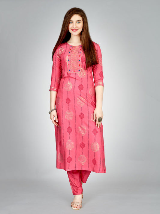 Pink & Multi Coloured Heavy Rayon with Embroidery work Women Designer Daily wear Kurti with Pant!!