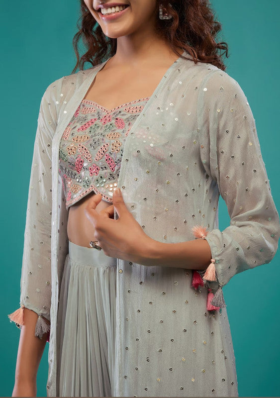 Grey & Multi Coloured Chinon with Sequence work Women Designer Party wear Wedding Koti with Sharara & Plazzo!!