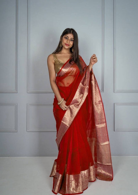 Red & Gold Coloured Pure Soft Oranza Silk with Antique Real Zari & Rich Pallu Women Party wear Oranza Silk Saree with Blouse!!