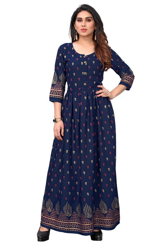 Rayon Foil Gold Printed Gown Kurtis with belt- Roys4627