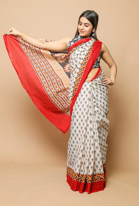 HAND PRINTED MUL COTTON SAREE