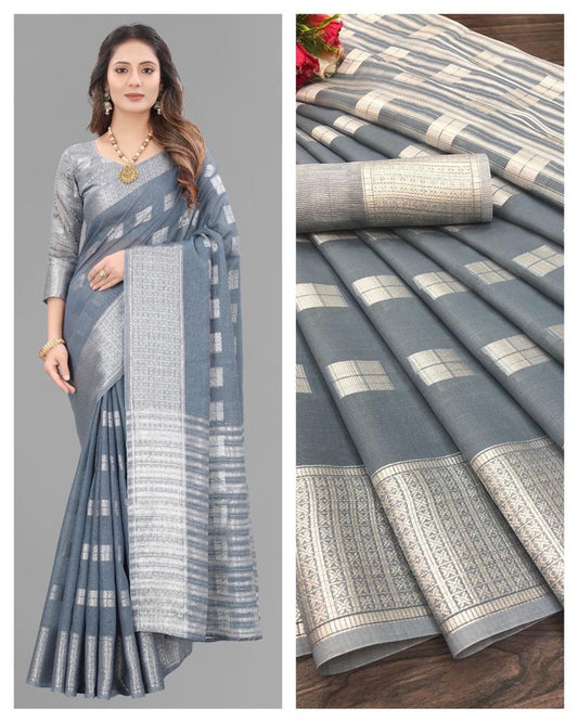 Soft Linen Silk Saree With Sliver Zari And  With Pallu