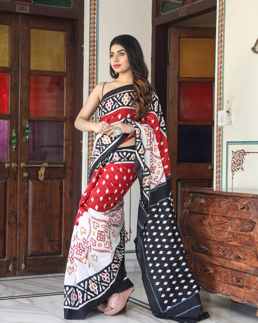 BEAUTIFUL HAND PRINTED MUL COTTON SAREE