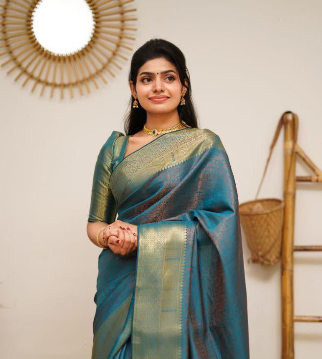 Sky Blue Coloured Exclusive Kubera Pattu Women Party wear Pure Kanjivaram Silk Saree with Brocade Blouse!!