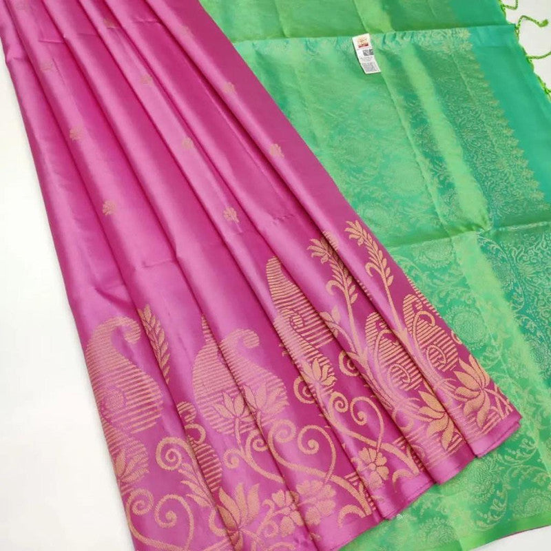 Pink & Multi Coloured Flower Motifs with Kerry designs Women Party wear Soft Lichi Kanchipuram Silk Saree with Blouse!!