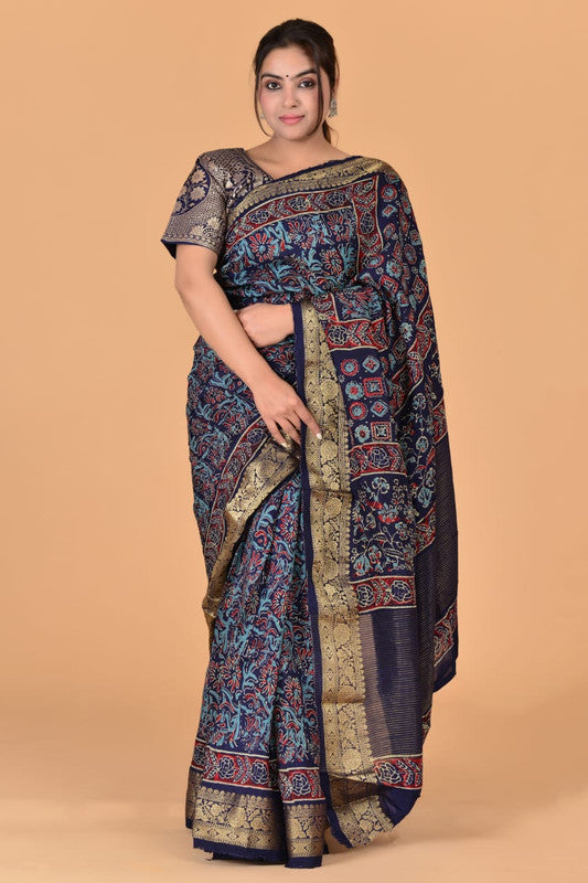 Navy Blue & Multi Coloured Hand Block Printed Silk border Chit Pallu Women Designer Party wear Cotton Silk Saree with Zari Blouse!!