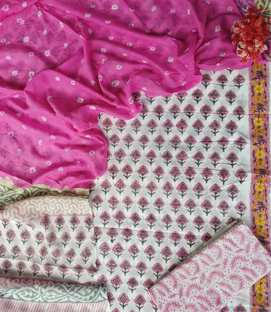 White & Pink Coloured Pure Cotton Printed Women Party/Daily wear Dress Material Suit- Top with Bottom & Cotton Dupatta!!