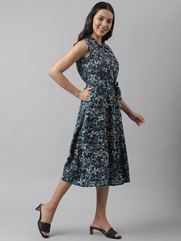 Navy Blue Coloured Pure Cotton Floral Printed Shirt collar Sleeveless Women Party/Daily wear Western Midi Dress!!