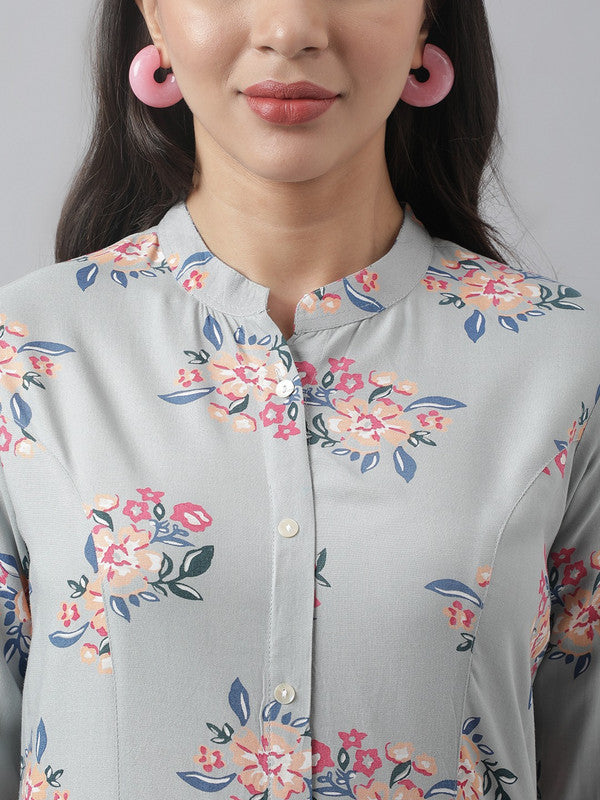 Grey & Pink Coloured Premium Rayon Floral Printed  Mandarin Collar Roll-Up Sleeves Women Party/Daily wear Western A-line Shirt Style Top!!